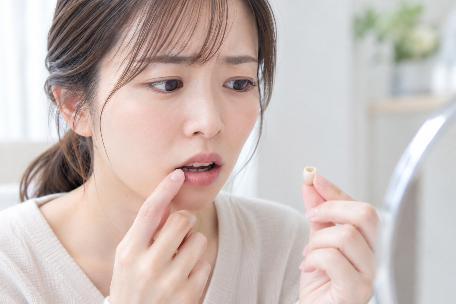 取れた被せ物を手に持ち、鏡の前で口元を気にしている女性