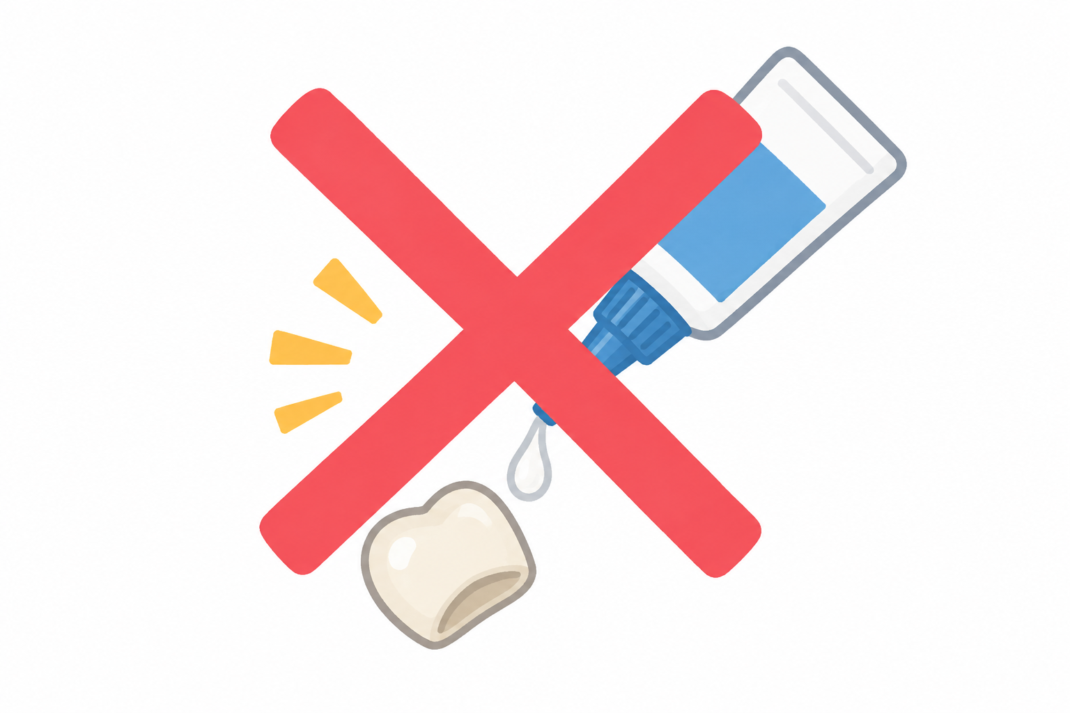 市販の接着剤で取れた被せ物を自分で付けるのはやめてほしいことを示すイラスト